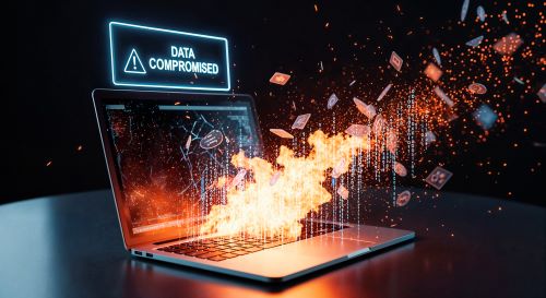 Data Breach Laptop Exploding Cyber Attack Concept 1