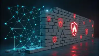 Digital Firewall Breaking With Red Breach Symbols Showcasing Vulnerability Esm W400
