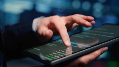 Male System Administrator Inspecting Big Data Tablet Working Modern Data Center Infrastructure Specialist Inspecting Server Rack Systems Artificial Intelligence Handheld Shot Close Up Esm W400